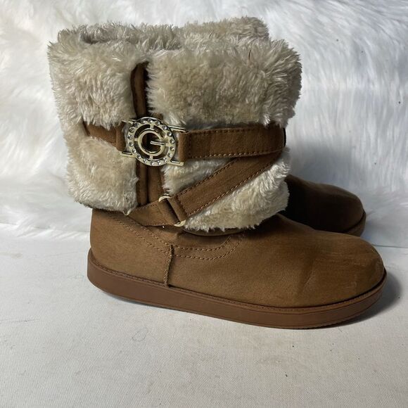 G by Gess tan suede faux fur ankle boots with side buckle slip on. - Picture 1 of 9